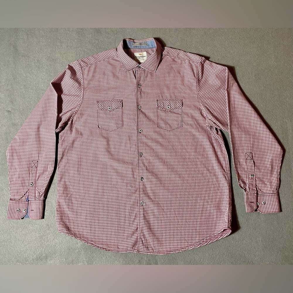 Tommy Bahama Jeans Men’s XL Red Plaid Button-Up Shirt Island Modern Fit Cotton